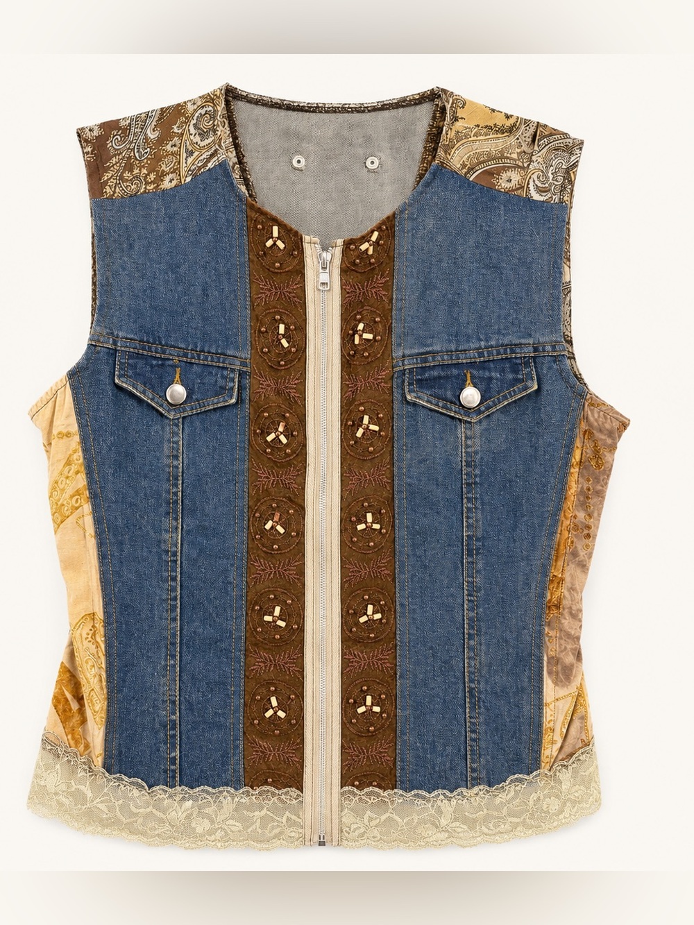 Piano Patchwork Denim Paisley Lace Embellished Vest Women’s Size M Boho Y2K